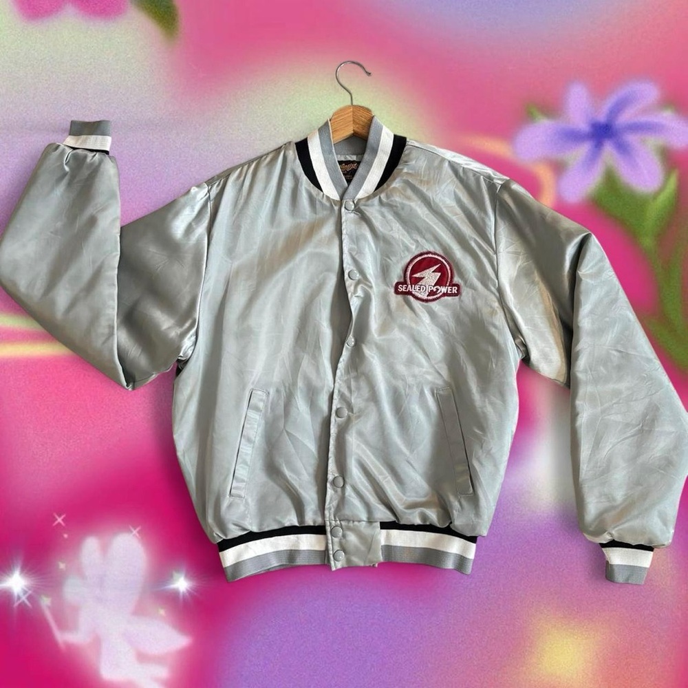 Silver Satin Bomber Jacket with Logo